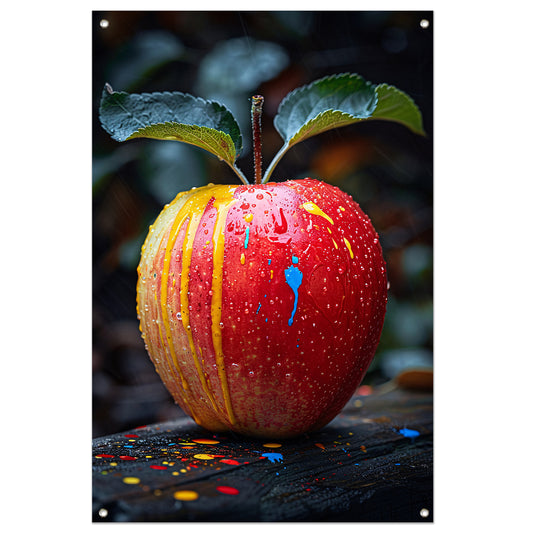 Rode appel met Abstract verfspatten tuinposter