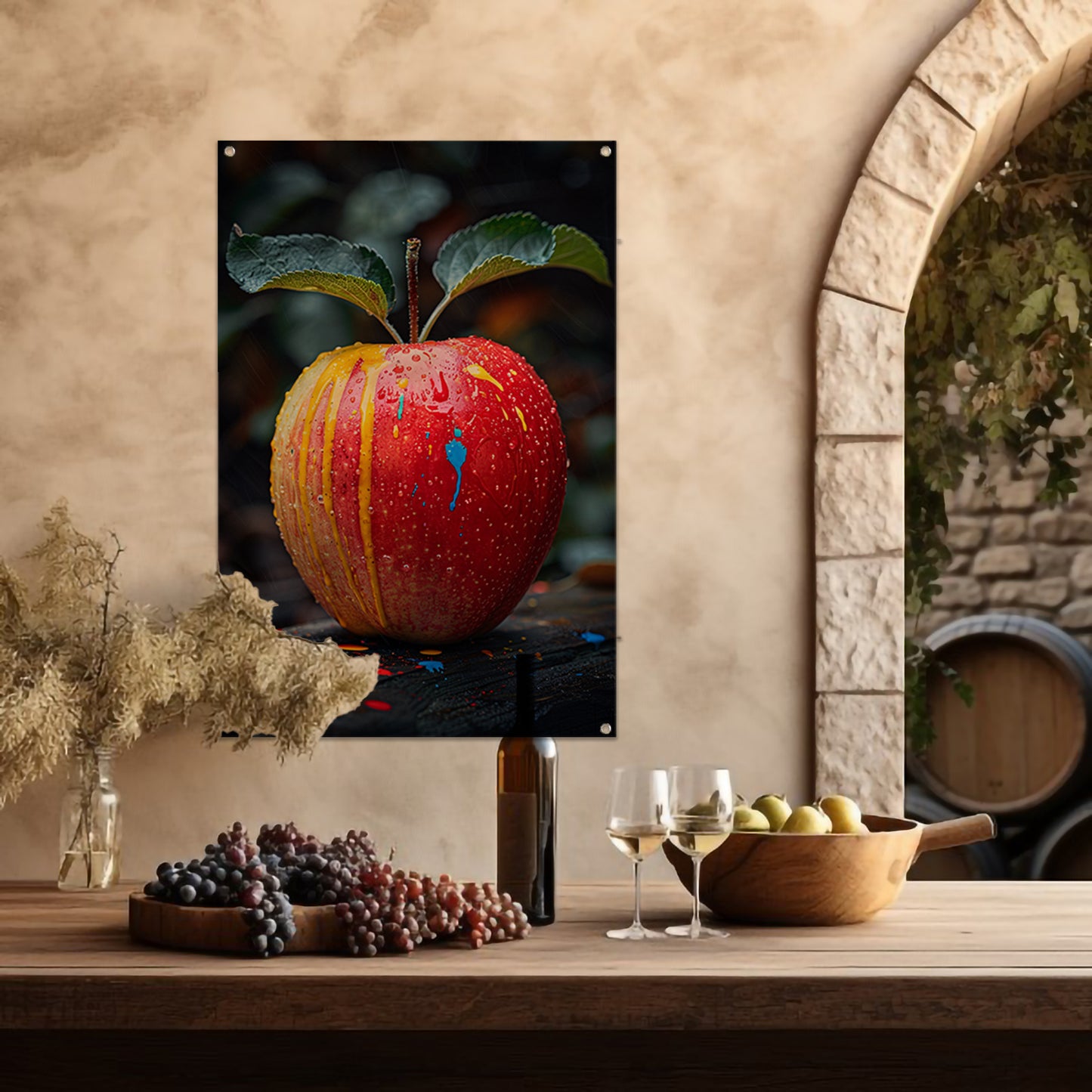 Rode appel met Abstract verfspatten tuinposter