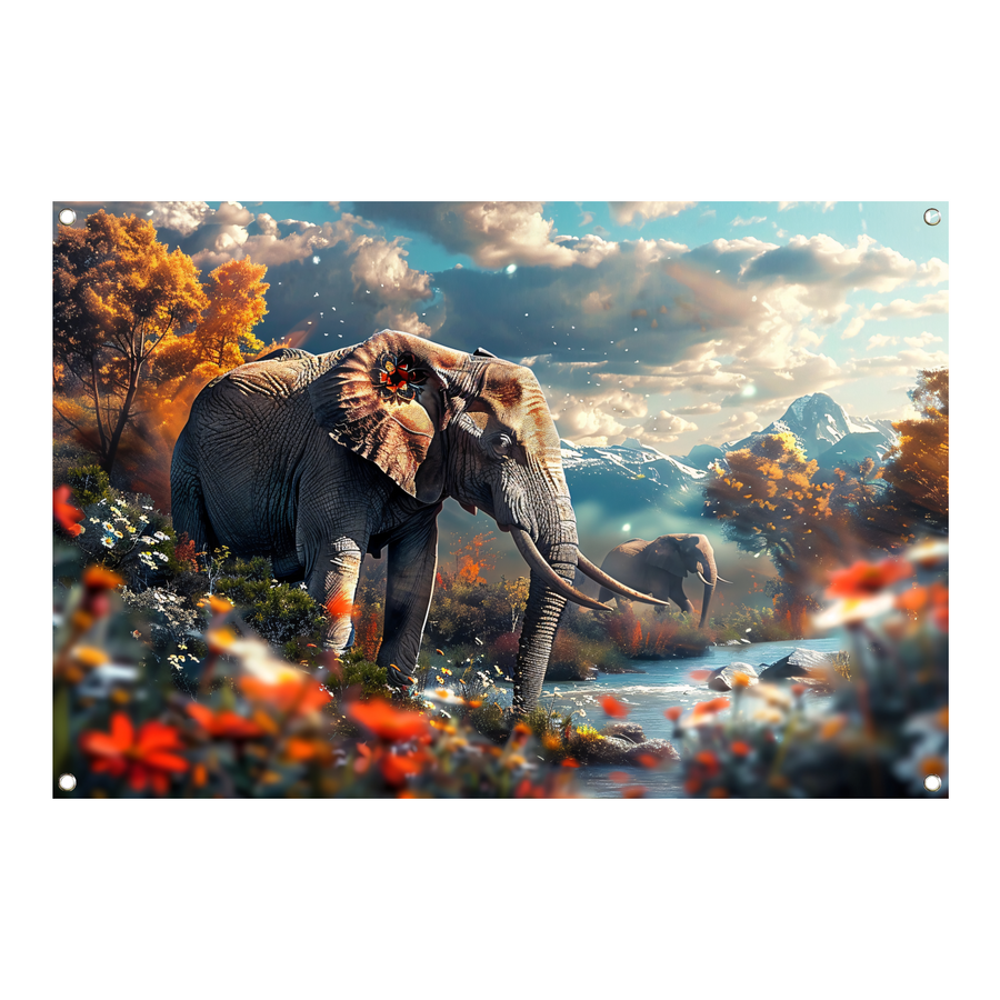 Olifanten bij de rivier tuinposter