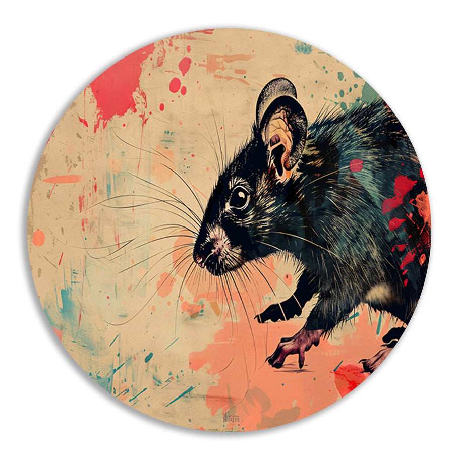 Expressieve rat in kleurrijke abstractie aluminium muurcirkel