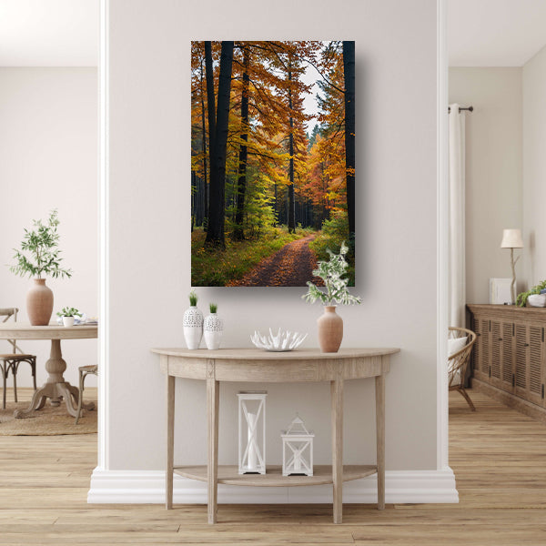 Betoverend herfstbos met kleurrijke bladeren canvas met baklijst