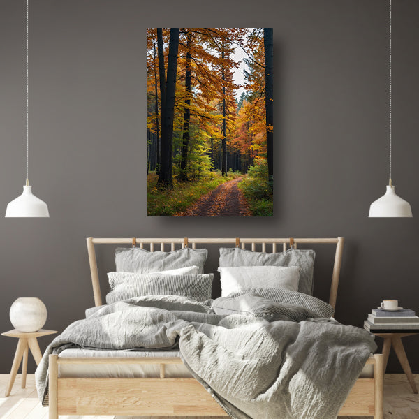Betoverend herfstbos met kleurrijke bladeren canvas met baklijst