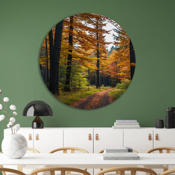 Betoverend herfstbos met kleurrijke bladeren forex muurcirkel