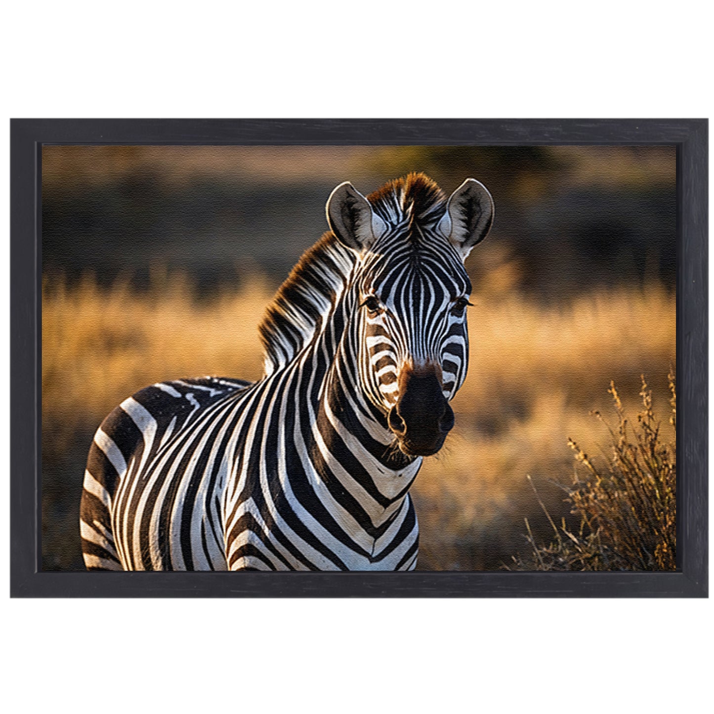 Zebra in natuurlijke omgeving bij zonsondergang canvas met baklijst
