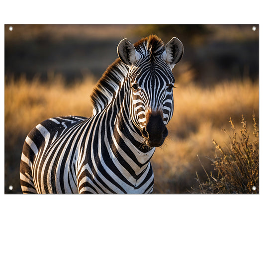 Zebra in natuurlijke omgeving bij zonsondergang tuinposter