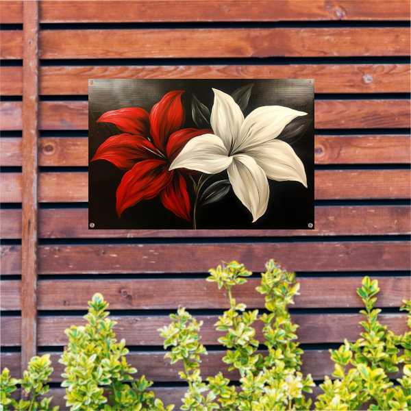 Abstracte bloemen in rood en wit tuinposter