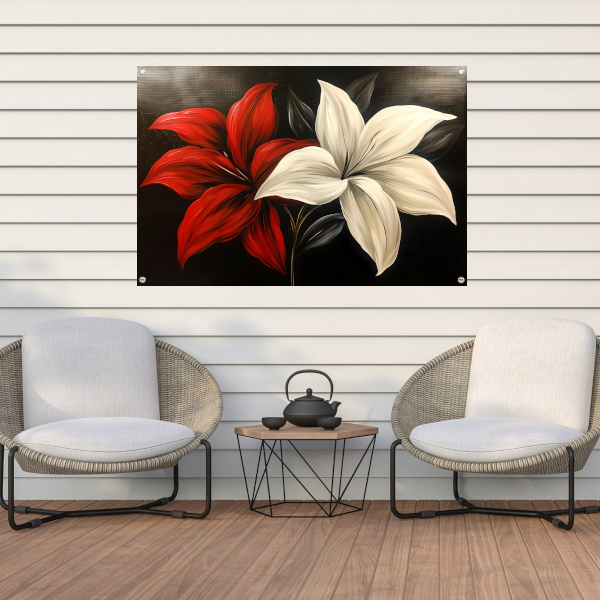 Abstracte bloemen in rood en wit tuinposter