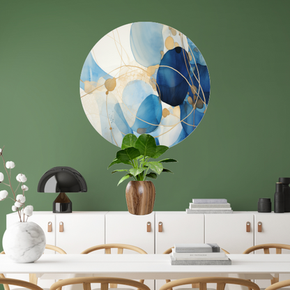 Abstracte Blauw en Goud Waterverf aluminium muurcirkel