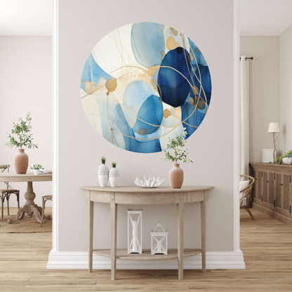 Abstracte Blauw en Goud Waterverf aluminium muurcirkel
