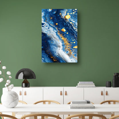 Abstract schilderij met blauwe en gouden tinten canvas met baklijst