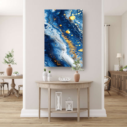 Abstract schilderij met blauwe en gouden tinten canvas met baklijst