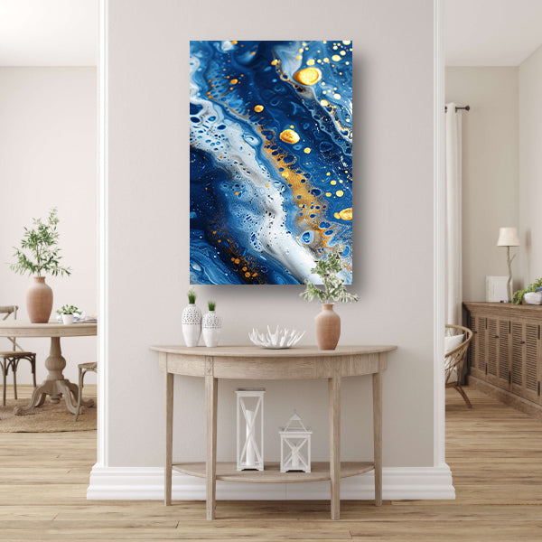 Abstract schilderij met blauwe en gouden tinten acrylglas