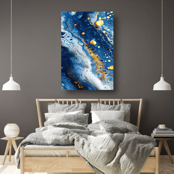 Abstract schilderij met blauwe en gouden tinten poster