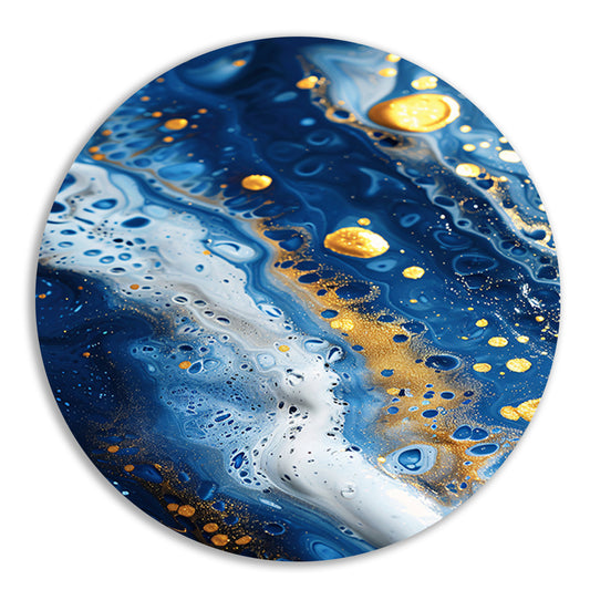Abstract schilderij met blauwe en gouden tinten aluminium muurcirkel