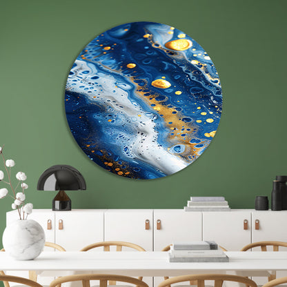 Abstract schilderij met blauwe en gouden tinten aluminium muurcirkel