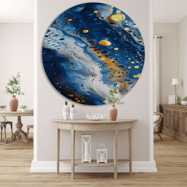 Abstract schilderij met blauwe en gouden tinten aluminium muurcirkel