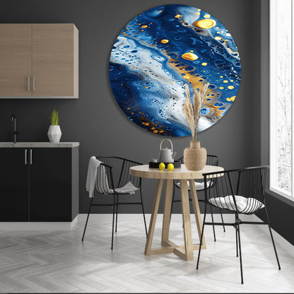 Abstract schilderij met blauwe en gouden tinten aluminium muurcirkel