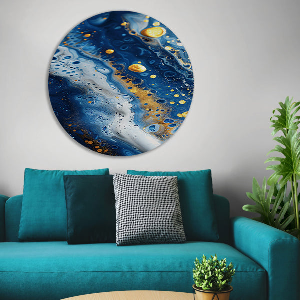 Abstract schilderij met blauwe en gouden tinten aluminium muurcirkel