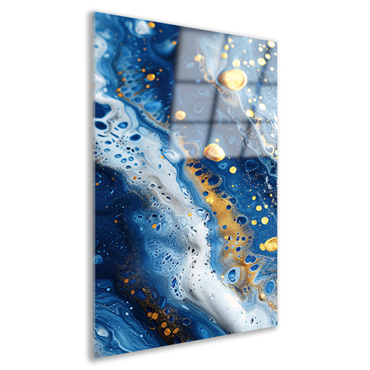 Abstract schilderij met blauwe en gouden tinten acrylglas