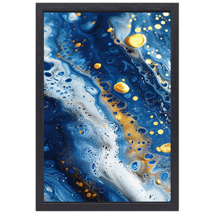 Abstract schilderij met blauwe en gouden tinten canvas met baklijst