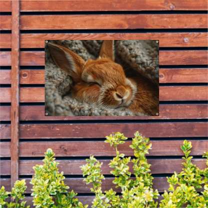 Slapend konijn in warme gebreide deken tuinposter