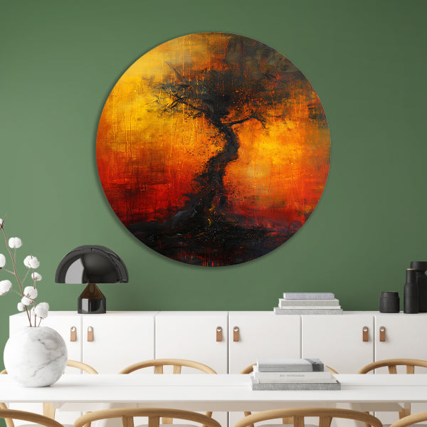 Abstracte Boom omgeven door Vurige Kleuren forex muurcirkel