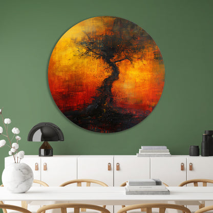 Abstracte Boom omgeven door Vurige Kleuren aluminium muurcirkel