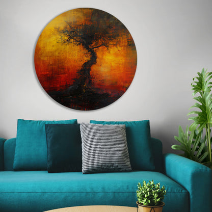 Abstracte Boom omgeven door Vurige Kleuren aluminium muurcirkel