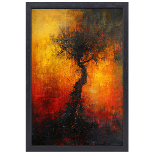 Abstracte Boom omgeven door Vurige Kleuren canvas met baklijst