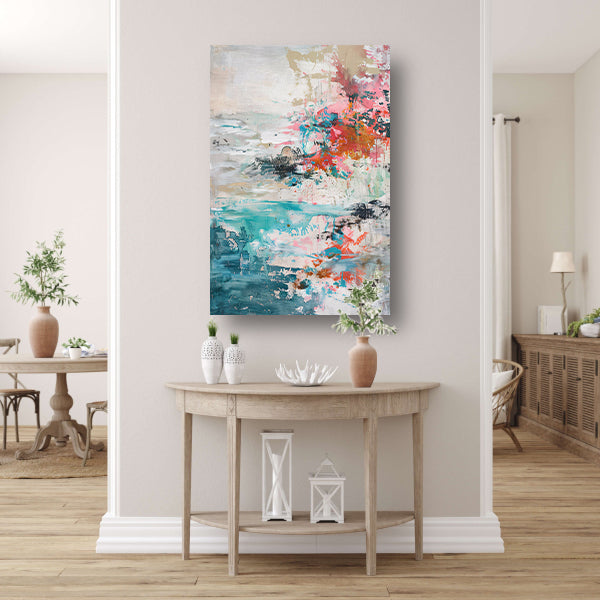Abstract schilderij van strand in heldere kleuren acrylglas