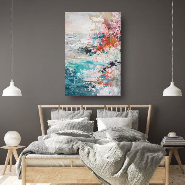 Abstract schilderij van strand in heldere kleuren poster
