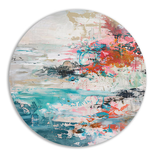 Abstract schilderij van strand in heldere kleuren aluminium muurcirkel