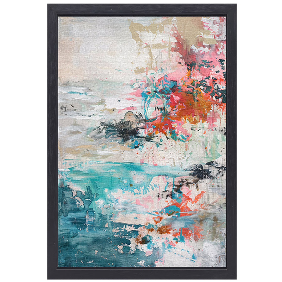 Abstract schilderij van strand in heldere kleuren canvas met baklijst