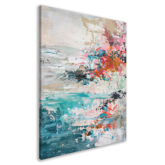 Abstract schilderij van strand in heldere kleuren canvas