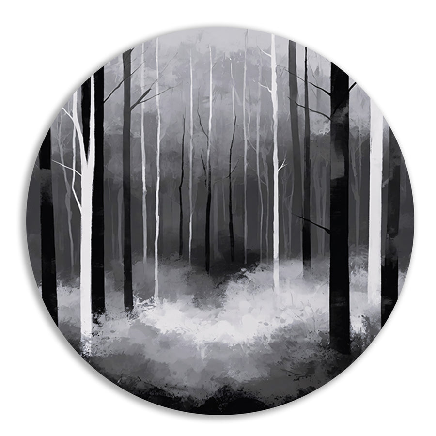 Monochroom Boslandschap in Mist forex muurcirkel
