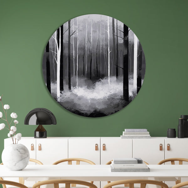 Monochroom Boslandschap in Mist forex muurcirkel