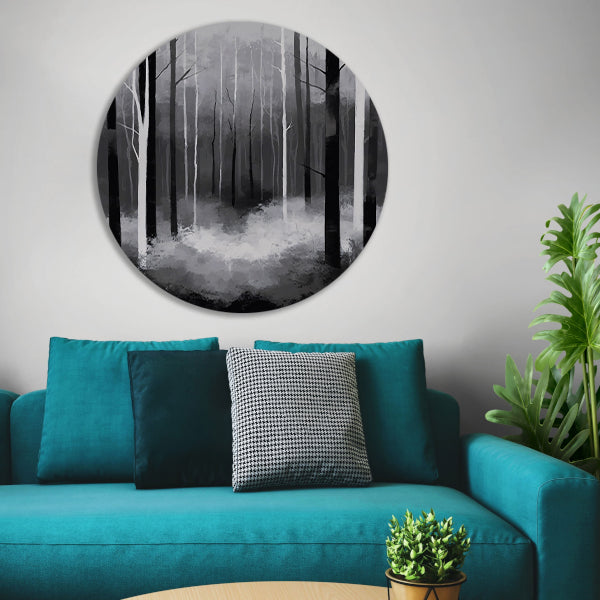 Monochroom Boslandschap in Mist forex muurcirkel