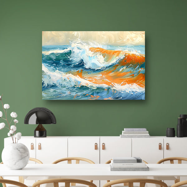 Kleurrijke golvende zee schilderij met dynamiek canvas