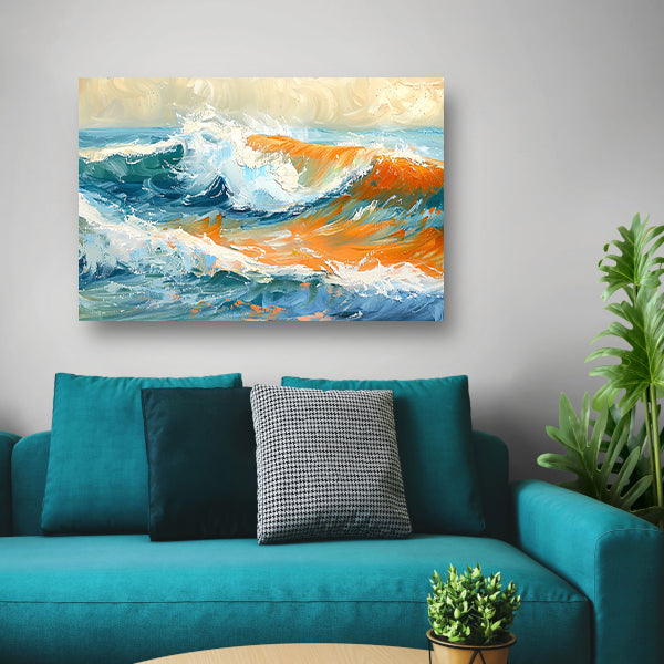 Kleurrijke golvende zee schilderij met dynamiek canvas
