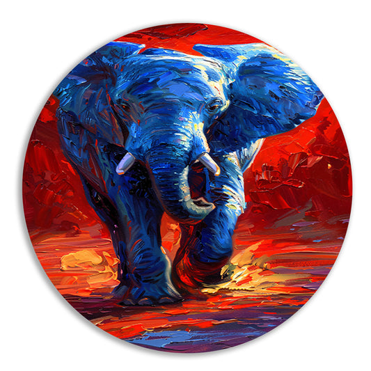 Expressief olifant schilderij in felle kleuren aluminium muurcirkel