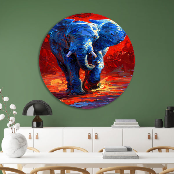 Expressief olifant schilderij in felle kleuren aluminium muurcirkel