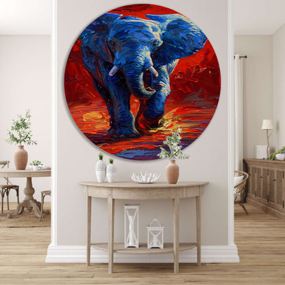 Expressief olifant schilderij in felle kleuren aluminium muurcirkel