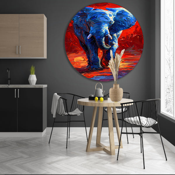 Expressief olifant schilderij in felle kleuren aluminium muurcirkel