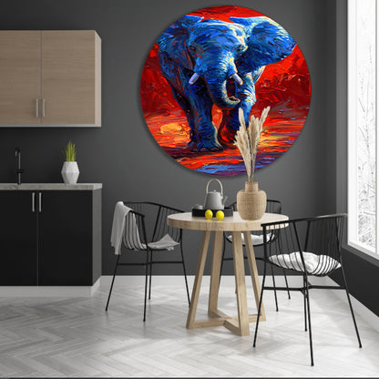 Expressief olifant schilderij in felle kleuren aluminium muurcirkel