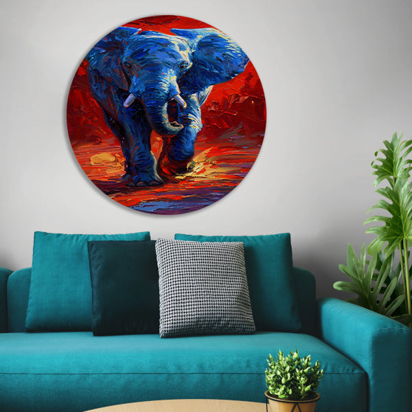 Expressief olifant schilderij in felle kleuren aluminium muurcirkel