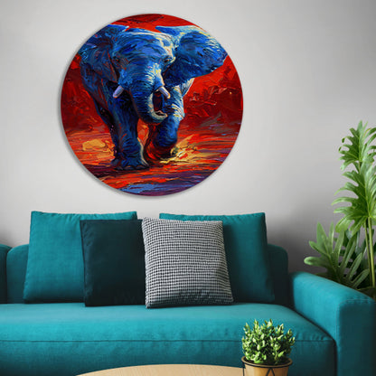 Expressief olifant schilderij in felle kleuren aluminium muurcirkel