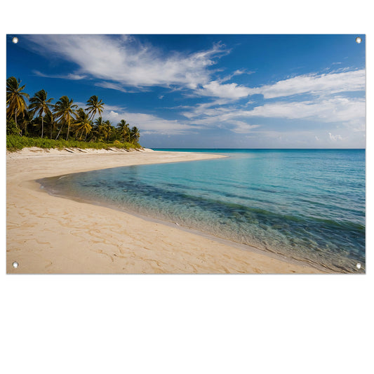 Tropisch strand met palmbomen en helder water tuinposter