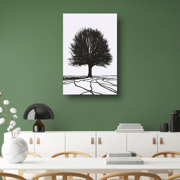Boom silhouet met wortels in contrast canvas met baklijst