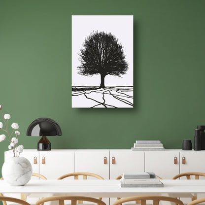 Boom silhouet met wortels in contrast canvas met baklijst