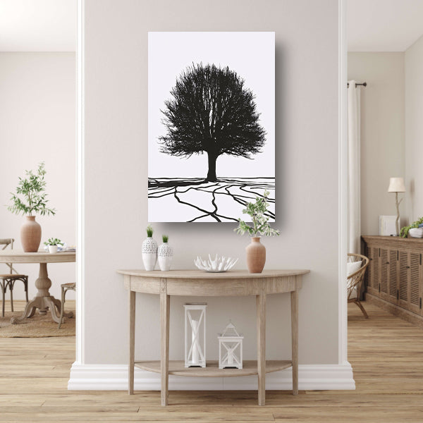 Boom silhouet met wortels in contrast canvas met baklijst